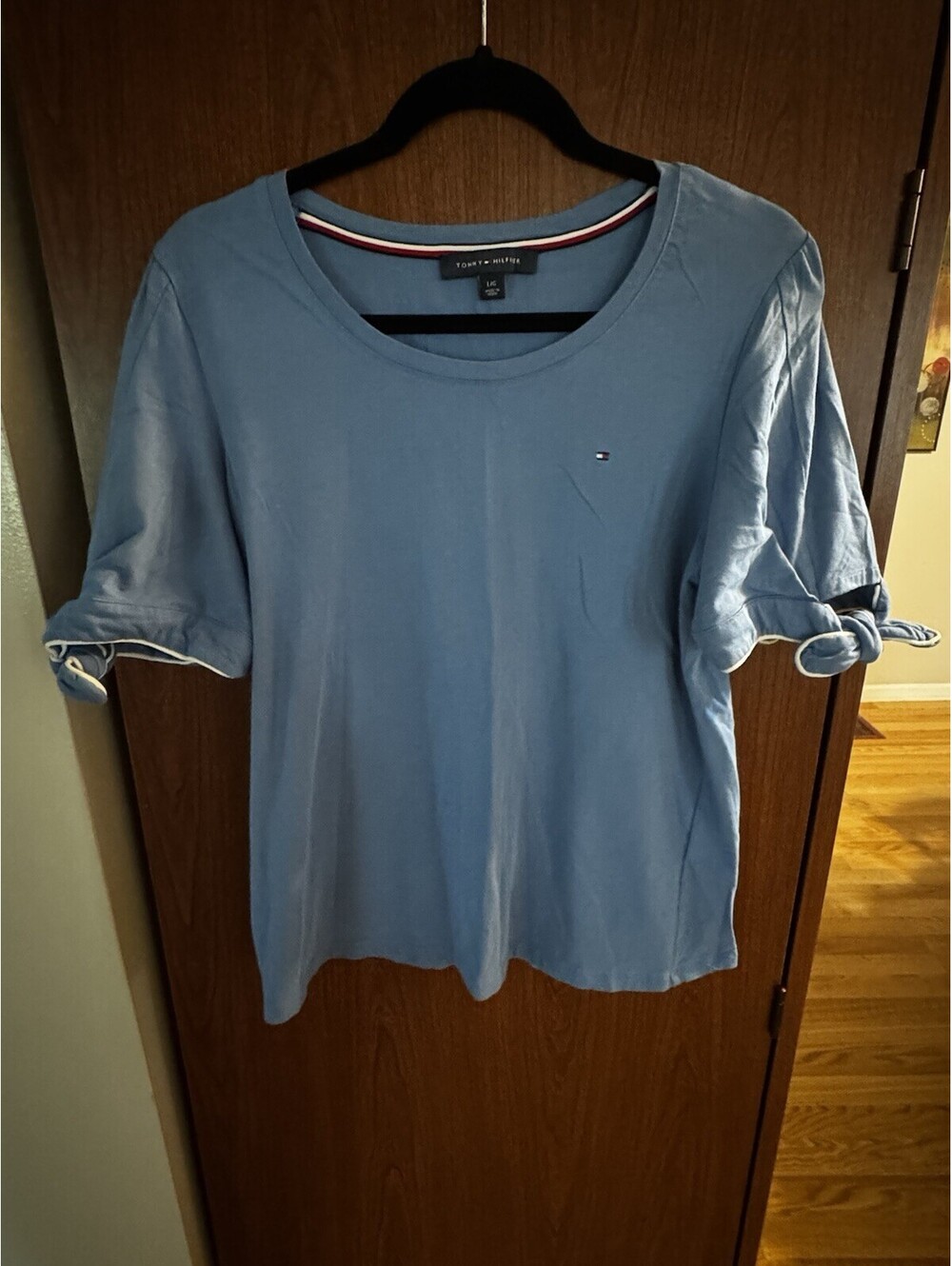 Tommy Hilfiger Womens Large Blue Short Sleeve Tie Cuff Logo Shirt